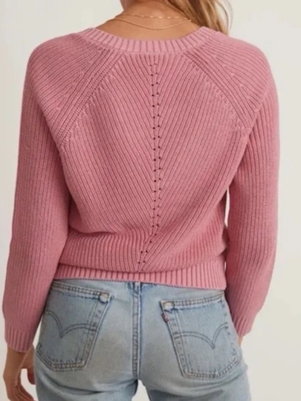 Marine Layer Ezra V-neck Ribbed Cotton Pink Sweater L